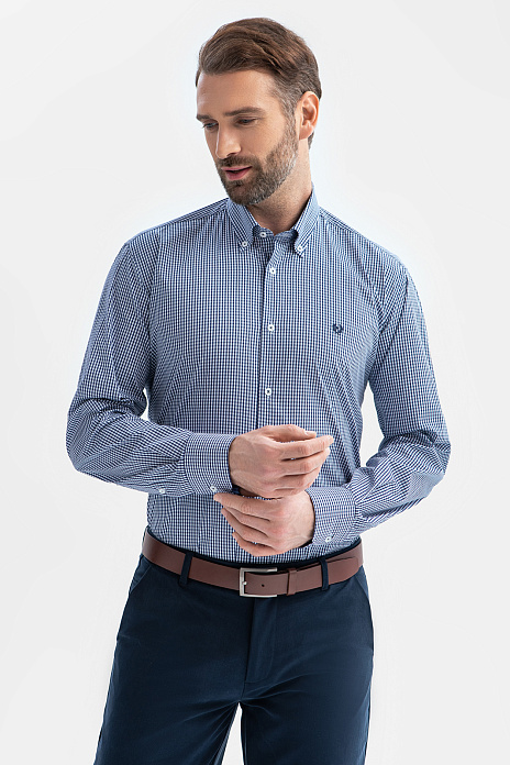 Сорочка из хлопка в клетку, синий цвет, цвет Синий темный