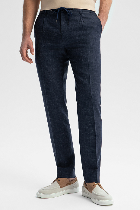 Брюки из шерсти, льна и шелка, цвет Синий темный